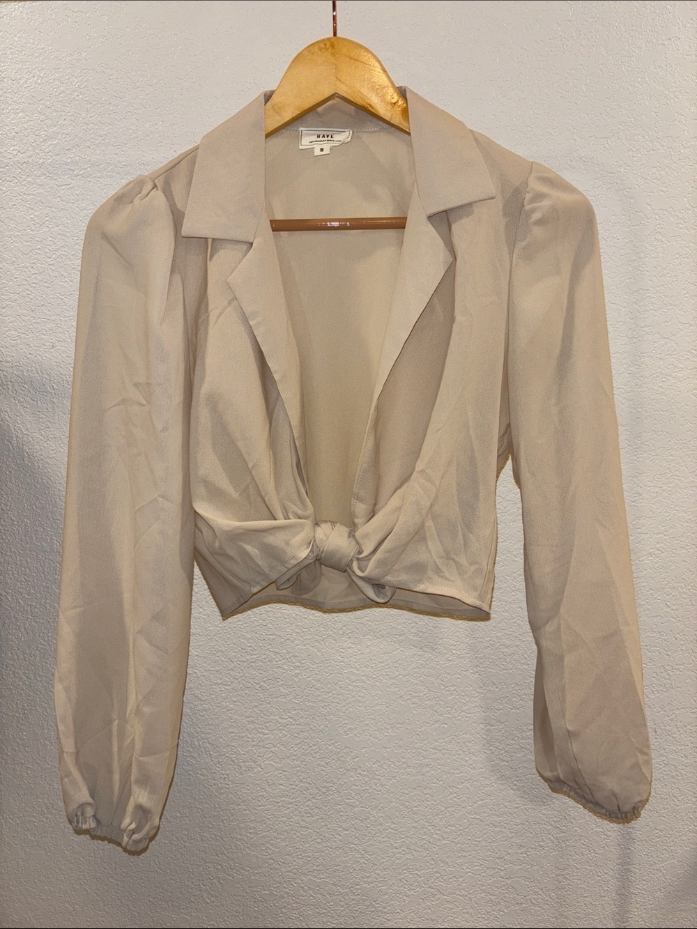Cream Tie-Front Long Sleeve Crop Blouse